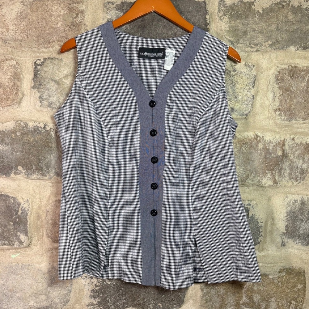 VTG Sag Harbor Woman Petite Gingham Sleeveless Button Front Blouse Navy Blue 14P